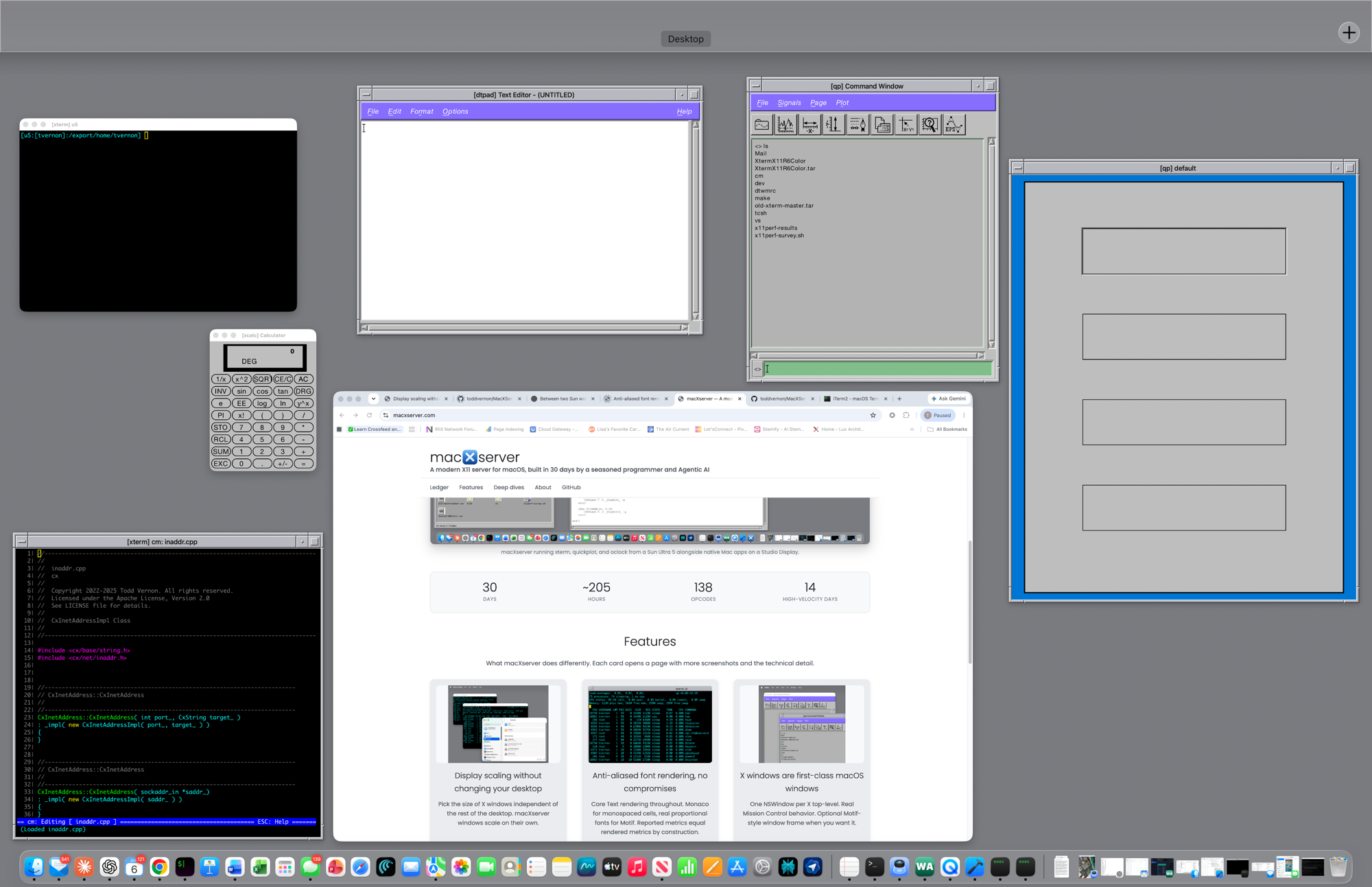 macOS Mission Control showing six X11 client windows (two xterms, dtpad, xcalc, and two quickplot windows) as individual tiles in the same grid as a Chrome browser window displaying macxserver.com.