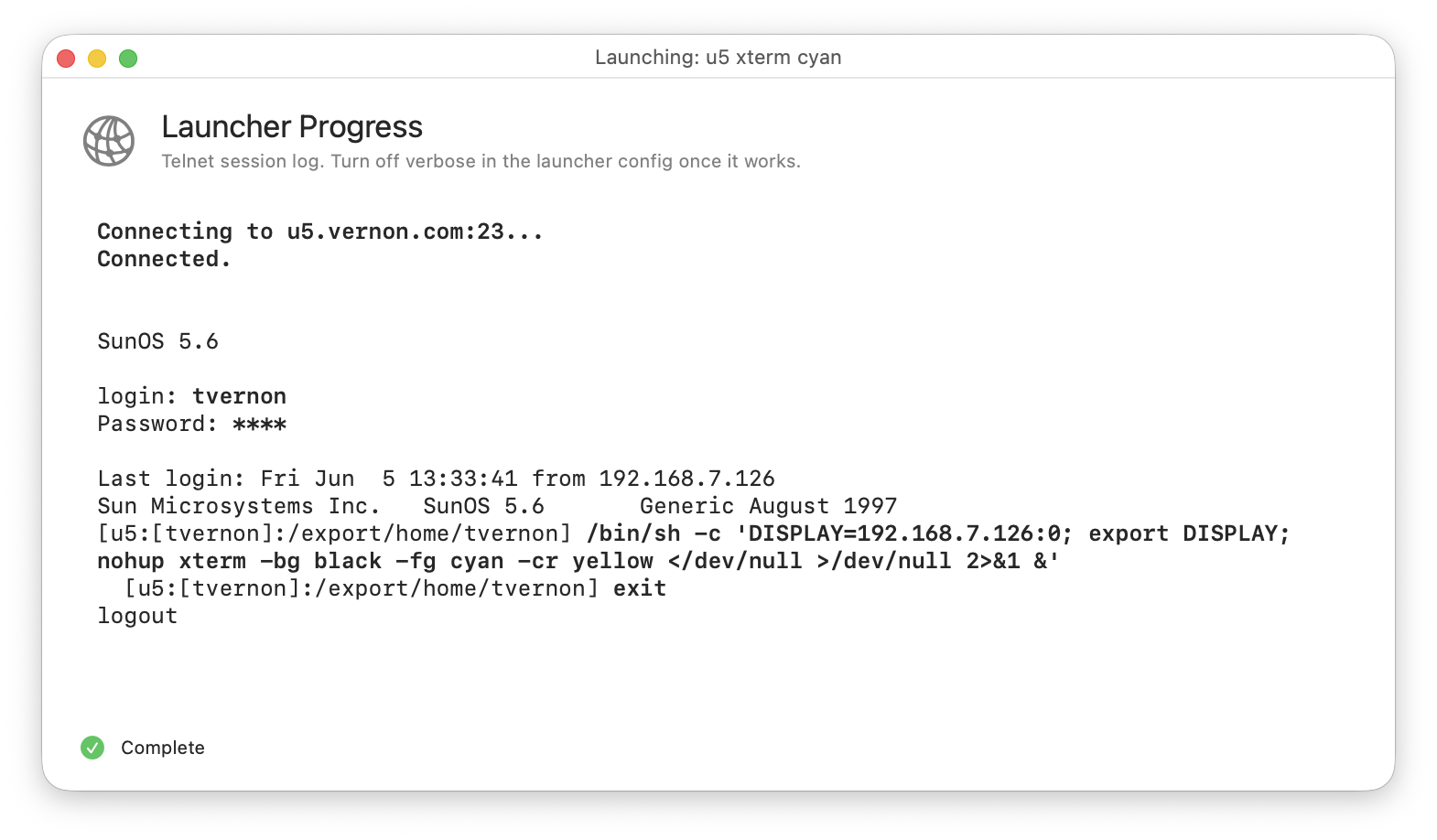 The Launcher Progress window showing a verbose telnet session log.