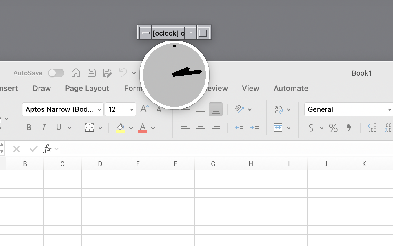 oclock rendered as a circle with the optional Motif title bar above it, floating over an Excel window. Excel's toolbar and cells are visible through the corners outside the circular clock face.